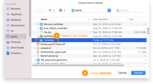 A folder is selected as step 1, followed by clicking the Upload button for step 2.