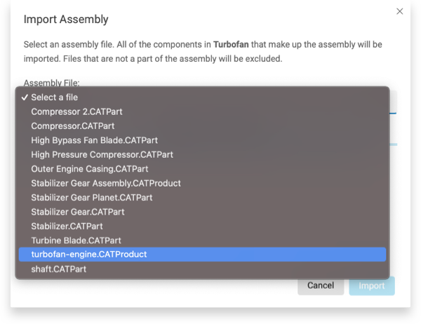 Image shows the Import Assembly dialog with the top-level assembly selected.